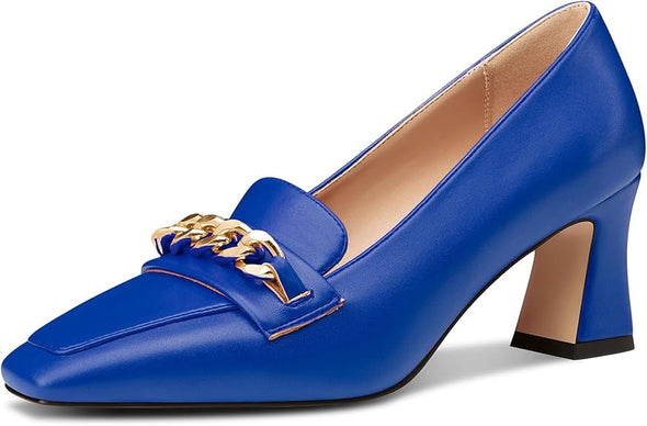 Women Mid Chunky Block Loafers Close Square Toe Slip-on Pumps with Metal Chain Work Casual Pumps 2.8 Inches Heels