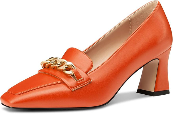 Women Mid Chunky Block Loafers Close Square Toe Slip-on Pumps with Metal Chain Work Casual Pumps 2.8 Inches Heels