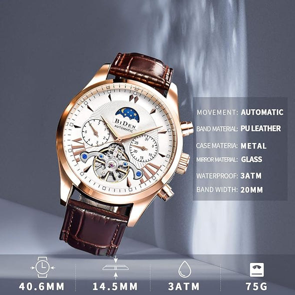 Men's Leather Watch Luxury Automatic Mechanical Moon Phrase Skeleton Luminous Waterproof Hands Automatic Self-Wind Leather/Stainless Steel Wrist Watch