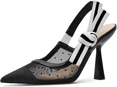 Slingback Heels for Women Closed Pointed Toe High Heels Bowknot Knitted Dress Work Wedding Pumps Shoes