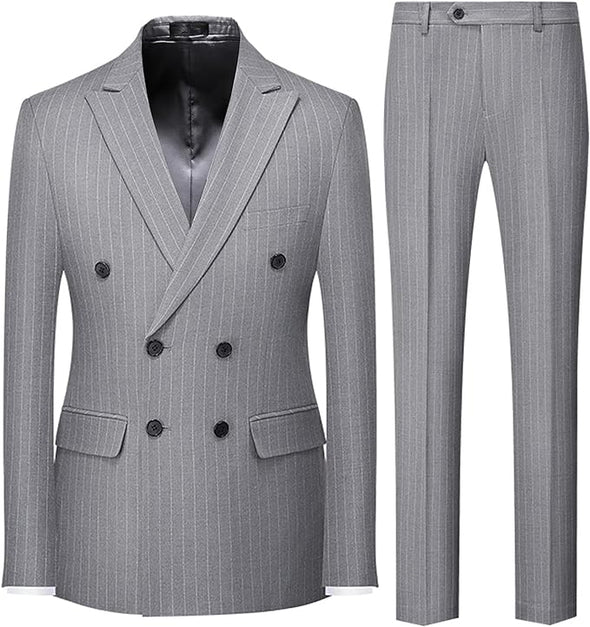 Men's Suits 2 Piece Pinstripe Double Breasted Tuxedo Suit for Men Slim Fit Formal Dress Blazer Jacket Pants