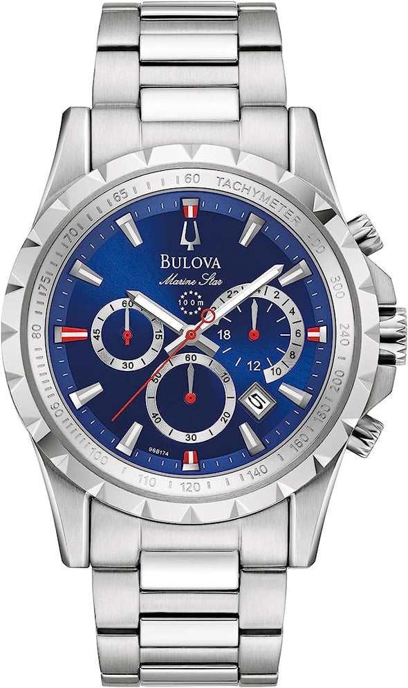 Bulova Men’s Marine Star 6-Hand Quartz Chronograph Stainless Steel Watch, Blue Dial, Tachymeter, 100M Water Resistant