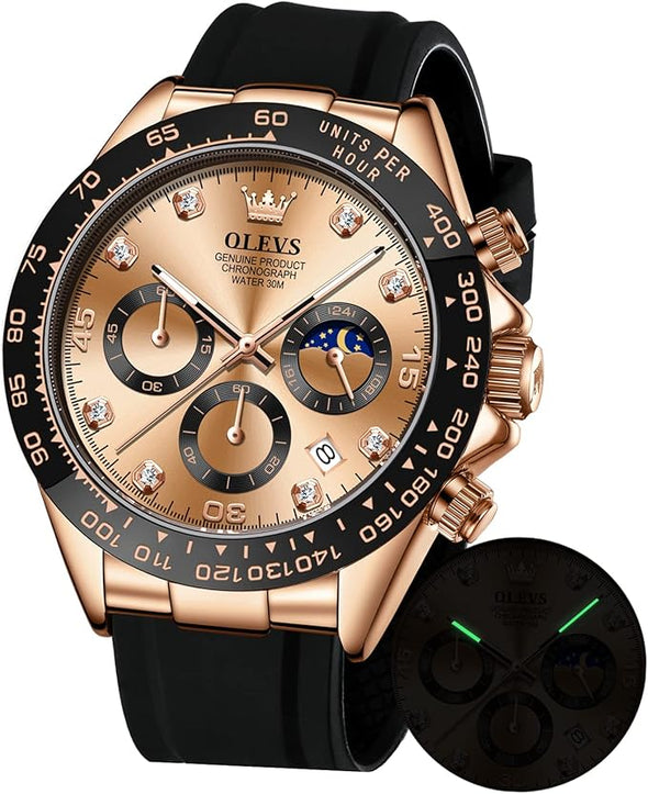 OLEVS Men's Watches Chronograph Multifunction Sport Silicone Luxury Diamond Moon Phase Quartz Male Watch Waterproof Wrist Watch …