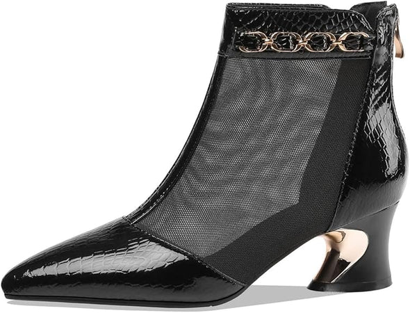 Genuine Leather and Mesh Women's Handmade Back Zip Pointed Toe Summer Ankle Boots