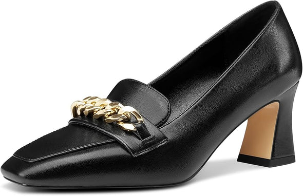 Women Mid Chunky Block Loafers Close Square Toe Slip-on Pumps with Metal Chain Work Casual Pumps 2.8 Inches Heels