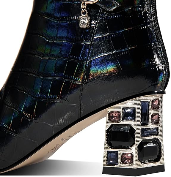 Genuine Leather Women's Handmade Crystal Chunky Heel Pointed Toe Back zip Up Floral Belt Ankle Booties