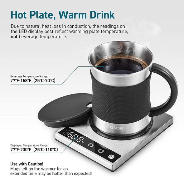 Coffee Mug Warmer & Mug Set for Desk, Cup Heater, Office & Christmas Gifts, 1°F Precise Temperature Control, Touch Tech & LCD Digital Display (77-194℉), 304 Stainless Steel, Silver/Black