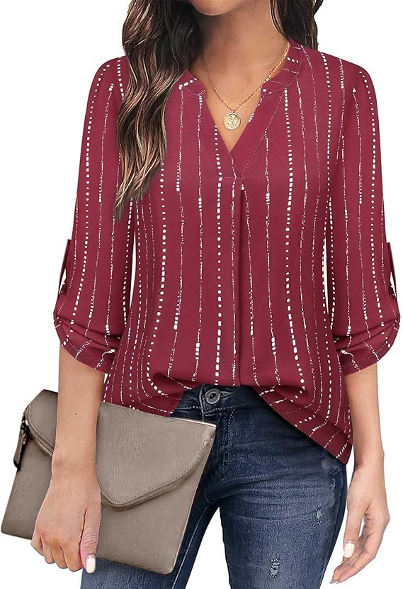 Women's Casual Chiffon V Neck 3/4 Sleeve Blouse Tops