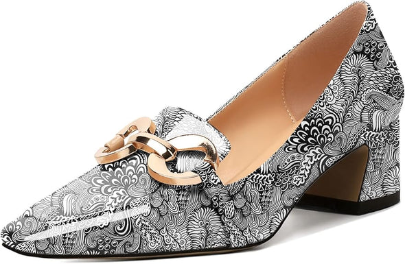 Womens Square Toe Block Heels Mid Chunky Heel Loafer Pumps Slip On Chain Dress Comfortable Prom Shoe