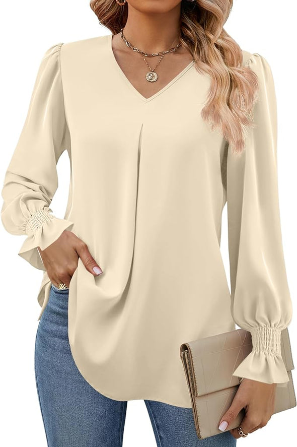 Women's 2024 Long Sleeve Tops Dressy Casual V Neck Tunic Shirts Loose Chiffon Work Blouse