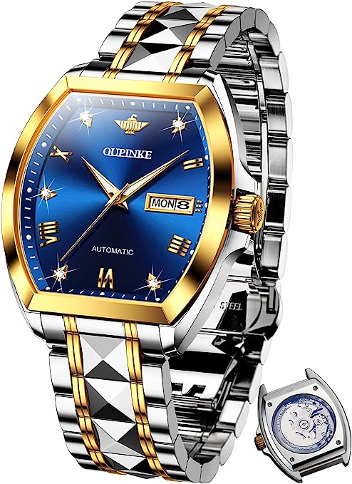 OUPINKE Mens Automatic Watches Luxury Self Winding Mechanical Tonneau Diamond Business Dress Wrist Watches Sapphire Crystal Tungsten Steel Waterproof Luminous