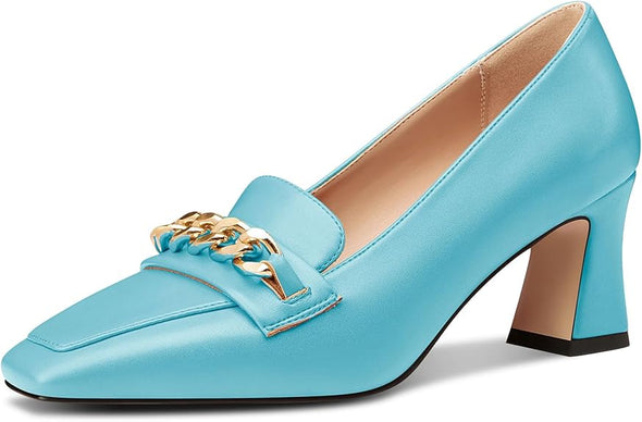 Women Mid Chunky Block Loafers Close Square Toe Slip-on Pumps with Metal Chain Work Casual Pumps 2.8 Inches Heels