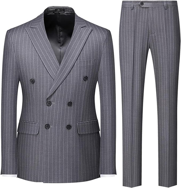 Men's Suits 2 Piece Pinstripe Double Breasted Tuxedo Suit for Men Slim Fit Formal Dress Blazer Jacket Pants