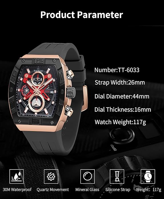 Men's Watch Analog Waterproof Fashion Date Wrist Watch, Skeleton Tonneau Watch for Men with Chronograph,Ideal for Sports Enthusiasts