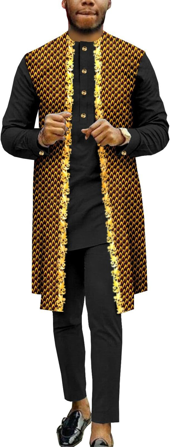 Men Single Breasted Embroidery Print Shirts and Pants 2 Piece Set Outfits