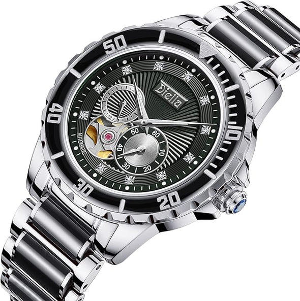 Diella Men's Automatic Mechanical Wrist Watches, Luxury Skeleton Watches for Men with Black Green Jade & Steel Strap