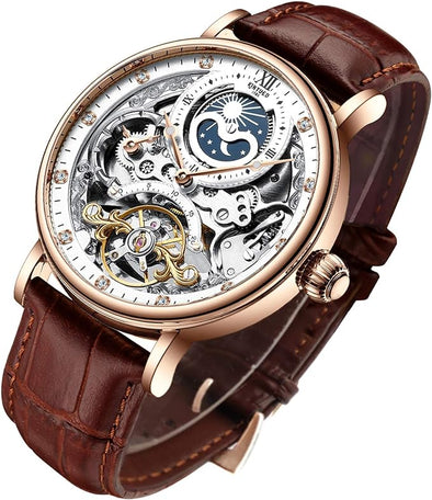 Mens Luxury Skeleton Automatic Mechanical Wrist Watches Leather Moon Phrase Luminous Hands Self-Wind Watch