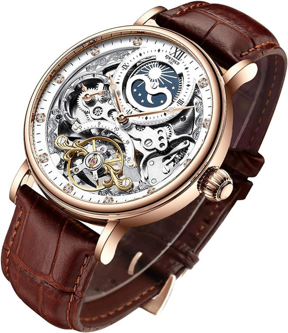 Mens Luxury Skeleton Automatic Mechanical Wrist Watches Leather Moon Phrase Luminous Hands Self-Wind Watch