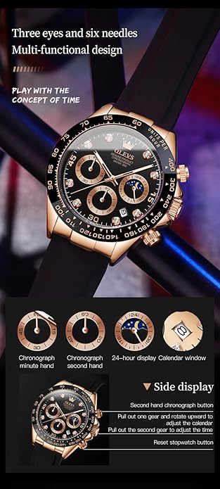 Watches for Men Business Diamond Moon Phase Male Watch Chronograph Fashion Dress Waterproof Date Analog Waterproof Men Wrist Watch