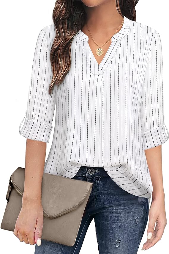 Women's Casual Chiffon V Neck 3/4 Sleeve Blouse Tops