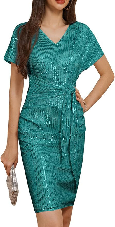 2024 Women's V Neck Ruched Sequin Dress Short Sleeve Tie Midi Cocktail Party Bodycon Dresses