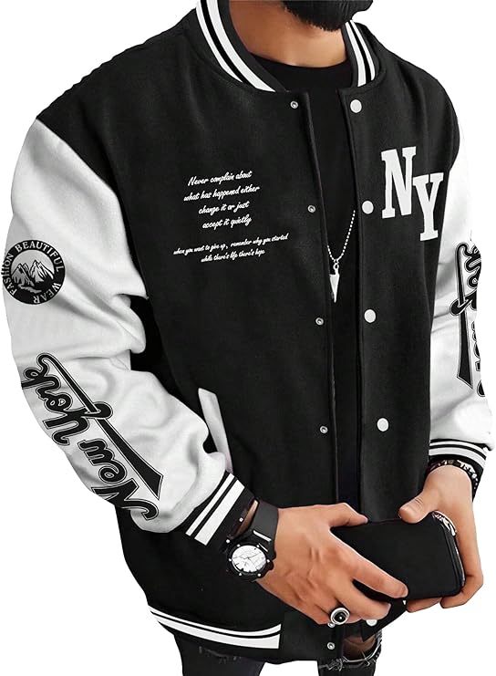 Men's Varsity Jacket Color Block Letter Graphic Long Sleeve Baseball Jacket