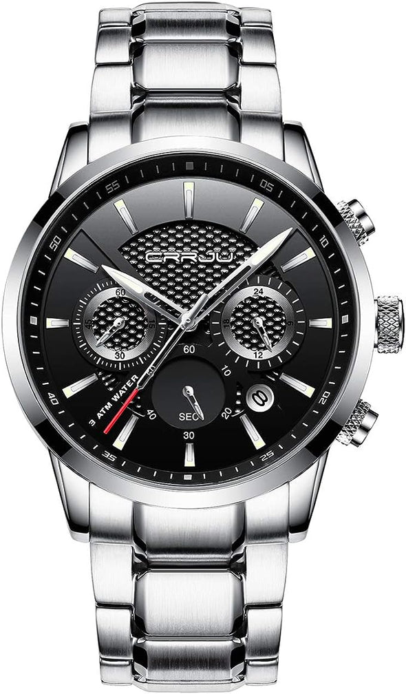 Men's Business Casual Chronograph Quartz Waterproof Wristwatch Black Leather Strap