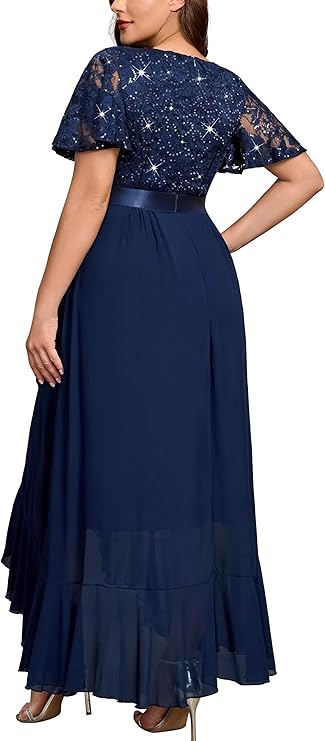 Women's Plus Size V Neck Sequin Lace Butterfly Sleeves Formal Evening Party Long Dress