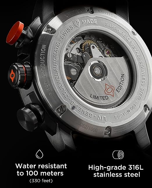 LIV GX-AC Swiss Automatic ETA 7750 26 Jewel Movement Chronograph 46mm 316L Case, 3D Multi-Layer Dial + Quickset Date - Rugged Classic Watch for Men - Skeleton Case-back - Sapphire Crystal - 330 FT Water Resistant