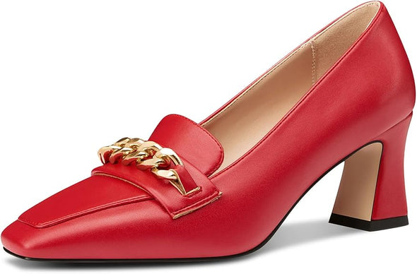 Women Mid Chunky Block Loafers Close Square Toe Slip-on Pumps with Metal Chain Work Casual Pumps 2.8 Inches Heels