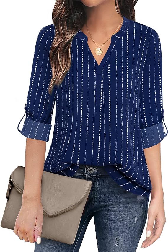 Women's Casual Chiffon V Neck 3/4 Sleeve Blouse Tops