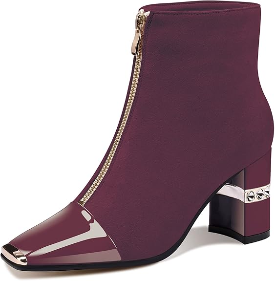 Ankle Booties Block Heeled Winter Autumn Suede Short Boots For Women Chunky High Heel Square Toe Front Zipper Boots