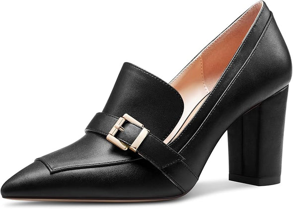 Womens Chunky Block Mid Heel Pointed Toe Pumps Slip-on Buckle Office Basic Classic Summer 3.2 Inches Shoes