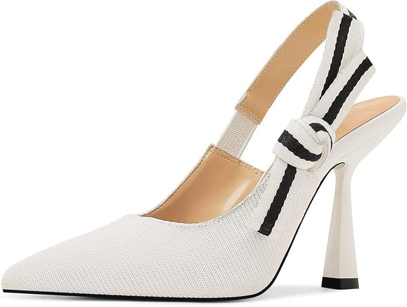 Slingback Heels for Women Closed Pointed Toe High Heels Bowknot Knitted Dress Work Wedding Pumps Shoes
