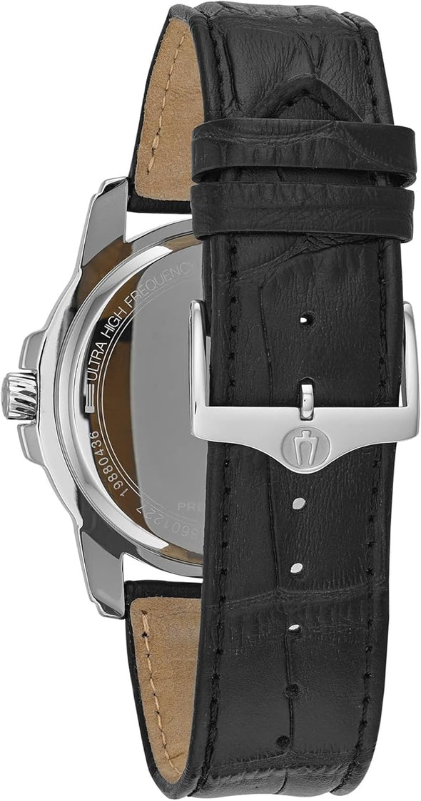 Bulova Men's Precisionist 3-Hand Calendar in Stainless Steel with Black Leather Strap and Black Patterned Dial Style