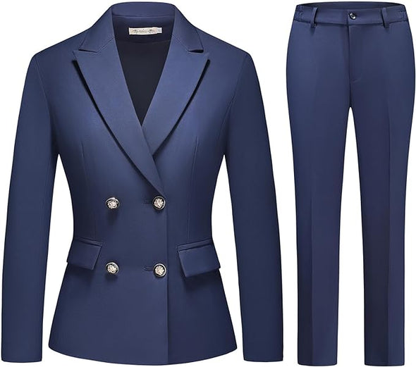 Women's 2 Piece Business Suit Double Breasted Blazer and Pants Work Suit Set