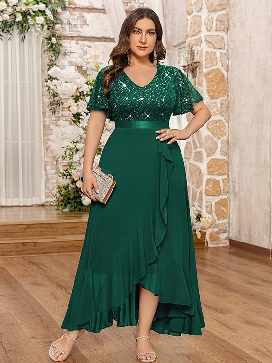 Women's Plus Size V Neck Sequin Lace Butterfly Sleeves Formal Evening Party Long Dress