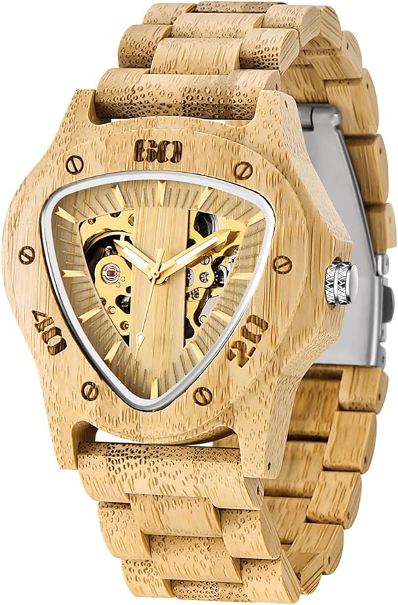 Men's Wooden Watch Skeleton Automatic Movement Wood Watch Self-Winding Watches for