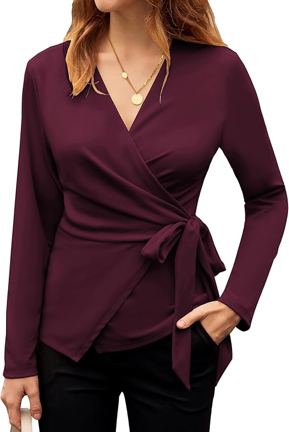 Women's Wrap V Neck Blouses Dressy Casual Long Sleeve Shirts