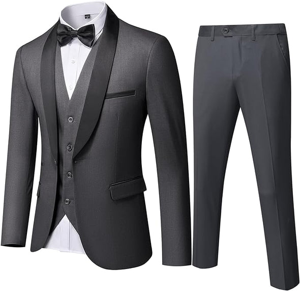 Men's 3 Piece Slim Fit Tuxedo Set, One Button Shawl Collar Solid Jacket Vest Pants with Bow Tie