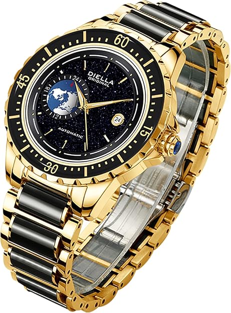 Diella Automatic Watches for Men, Luxury Black Jade Men's Dress Wrist Watch, Self Winding Mechanical Gold Stainless Steel Case Watch with Date, Luminous Starry Sky Globe