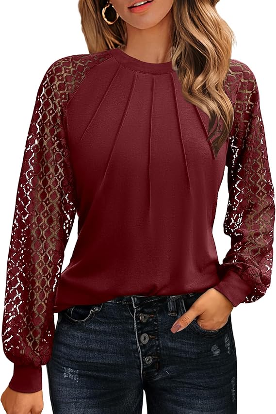 Women's Lace Long Sleeve Tops Dressy Business Casual Blouses Front Pleated Work Shirts Fall Tunics
