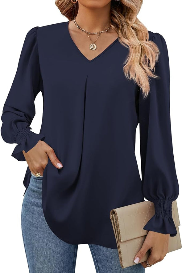 Women's 2024 Long Sleeve Tops Dressy Casual V Neck Tunic Shirts Loose Chiffon Work Blouse