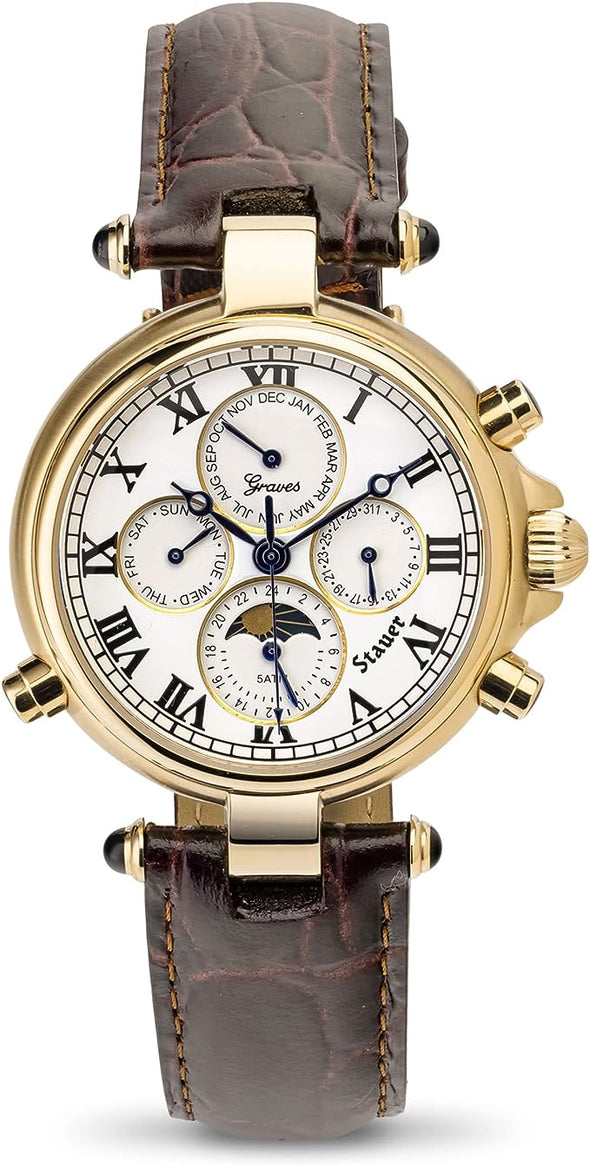 Stauer Automatic Wrist Watch for Men – Mens Watches w/Genuine Brown Leather Band – Gold Finished Automatic Watches for Men – Water Resistant Analog Watch – Stylish Gifts for Men