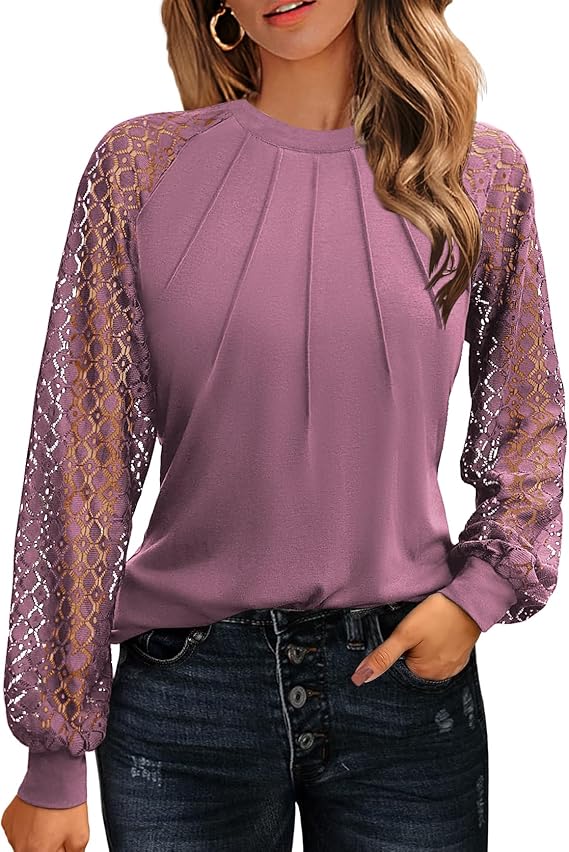 Women's Lace Long Sleeve Tops Dressy Business Casual Blouses Front Pleated Work Shirts Fall Tunics