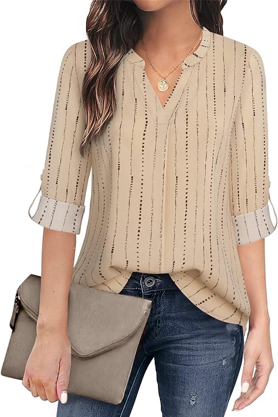 Women's Casual Chiffon V Neck 3/4 Sleeve Blouse Tops