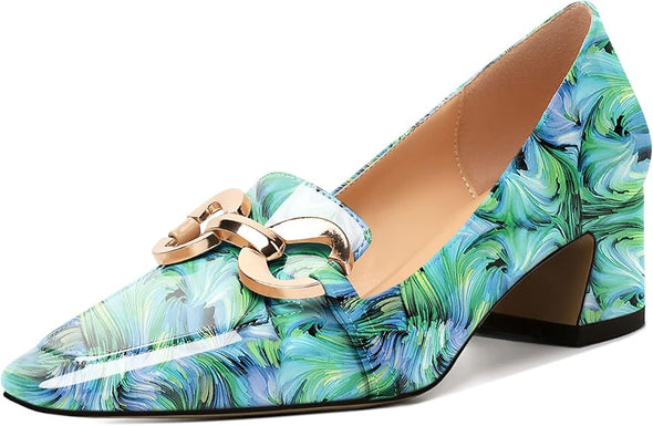 Womens Square Toe Block Heels Mid Chunky Heel Loafer Pumps Slip On Chain Dress Comfortable Prom Shoe