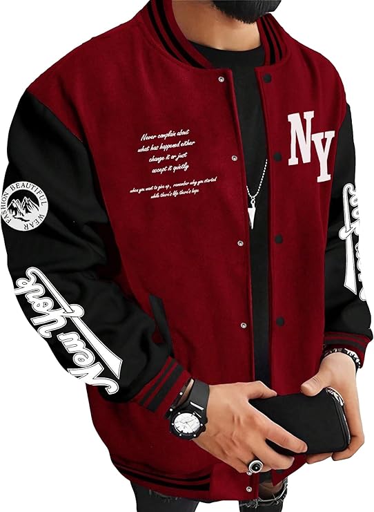 Men's Varsity Jacket Color Block Letter Graphic Long Sleeve Baseball Jacket