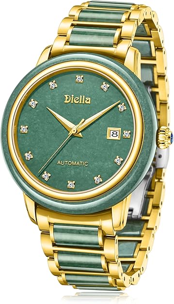 Diella Gold Men's Automatic Mechanical Watch, Luxury Retro Green Jade Wrist Watch for Men with Date Luminous, Round, Waterproof