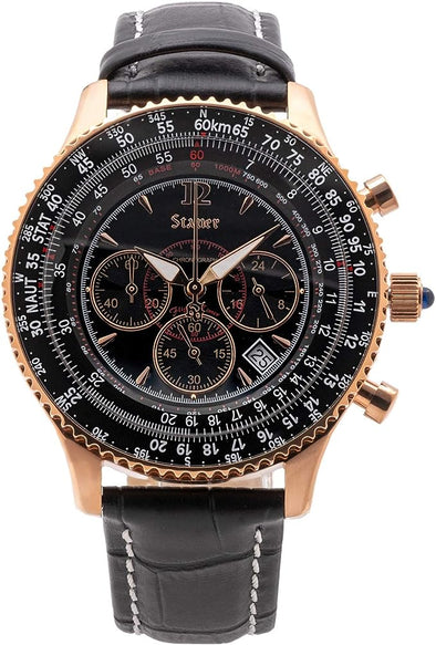 Stauer Midnight Flyboy Watch for Men – Vintage Style Chronograph Watch – Genuine Crocodile-Embossed Black Leather Watch Band – Stainless Back & Rose Gold Watch Case – Luxury Gifts for Me